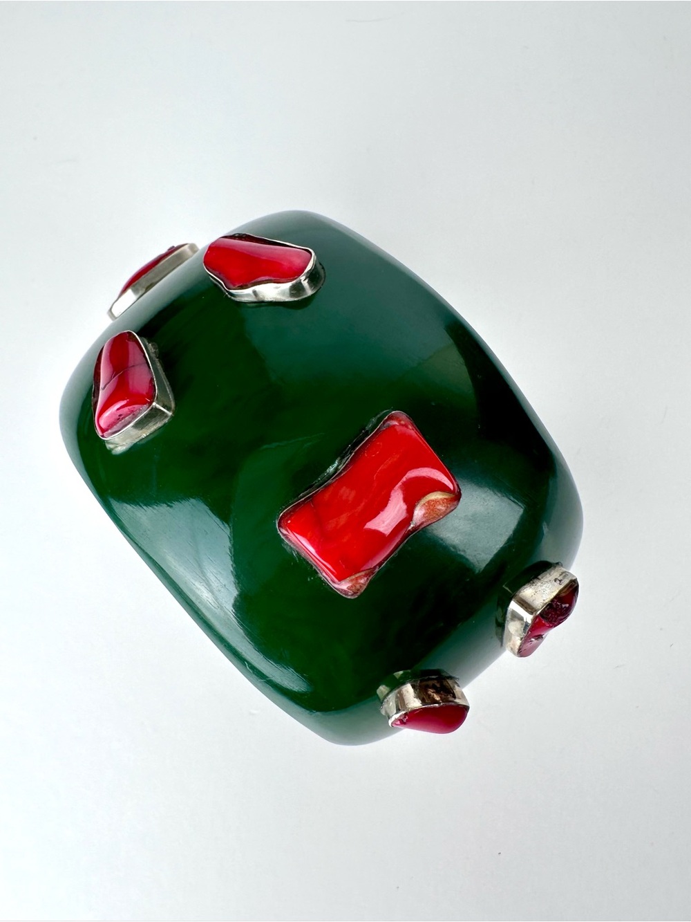 Massive Green Resin & Red Coral Sterling Silver Statement Cuff Bracelet - Picture 5 of 12